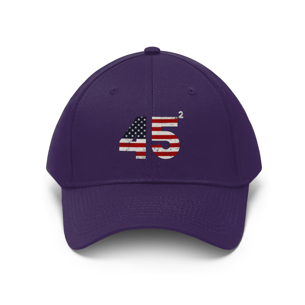 45 Squared Twill Cap Bold Numeric Statement Hat with red, white, and blue design on a purple background.