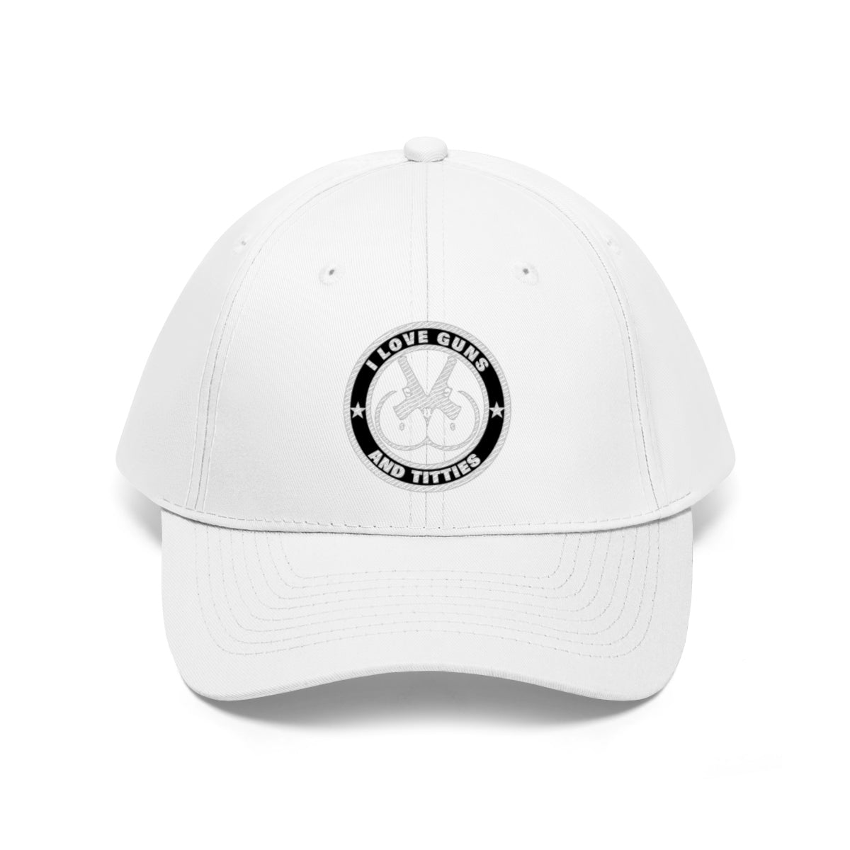I Love Guns And Titties Twill Cap in white with a round black logo design.