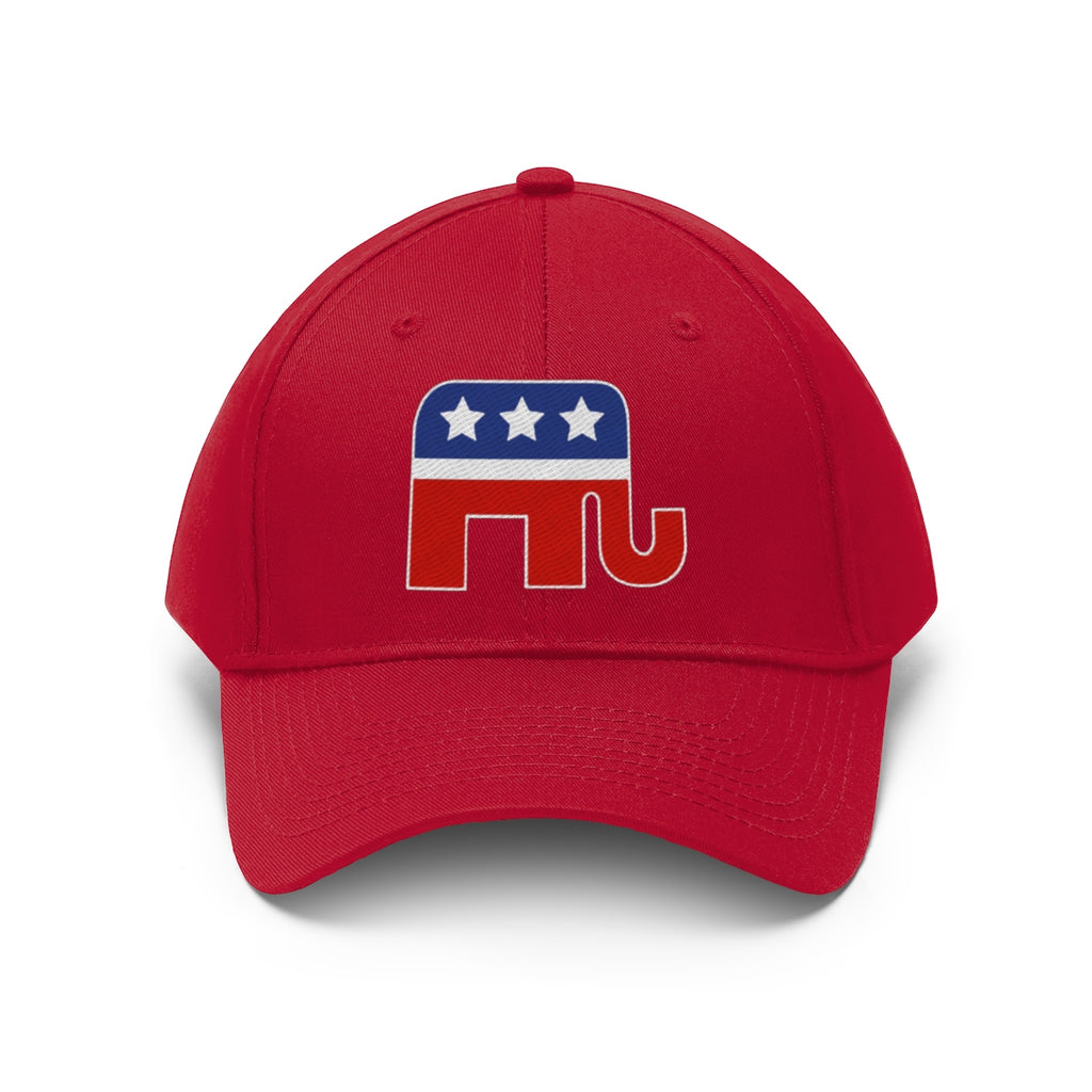 GOP Symbol Twill Cap Patriotic Political Graphic Cap in bright red with elephant logo design.