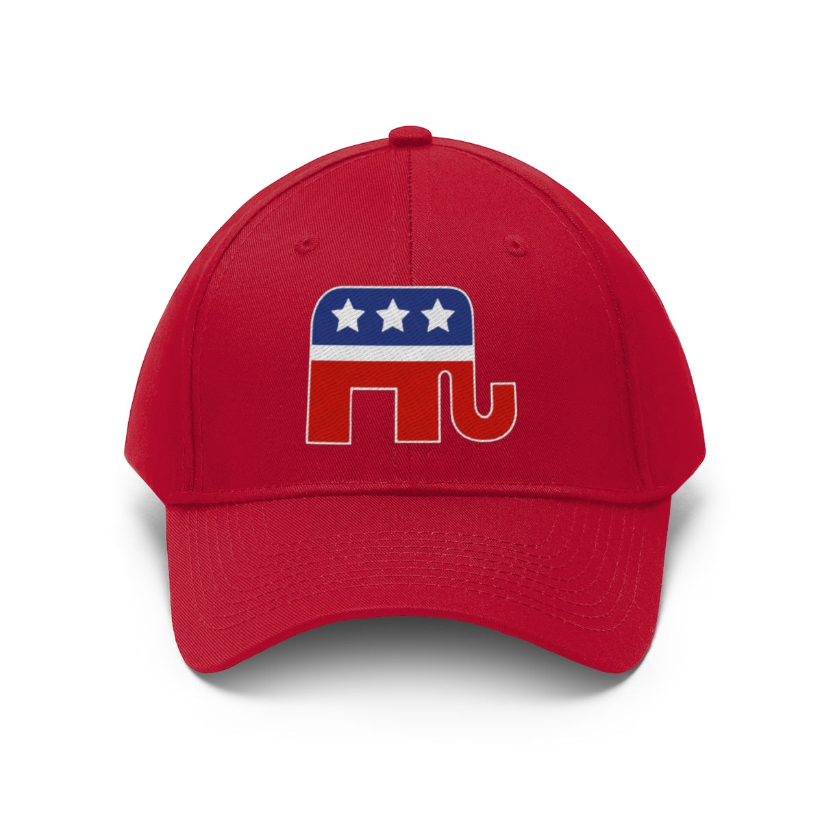 GOP Symbol Twill Cap Patriotic Political Graphic Cap in bright red with elephant logo design.
