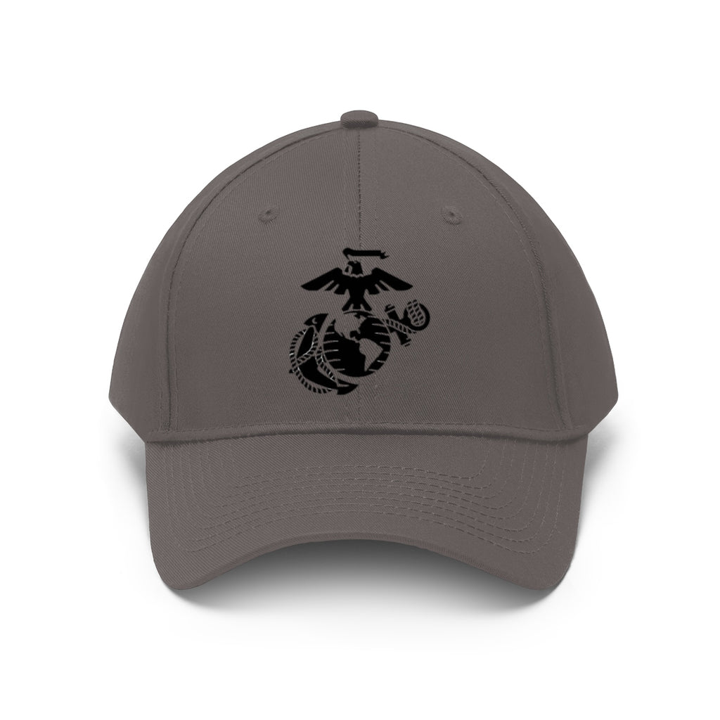 USMC Symbol Twill Cap Marine Corps Pride Hat featuring the USMC emblem on a gray background.