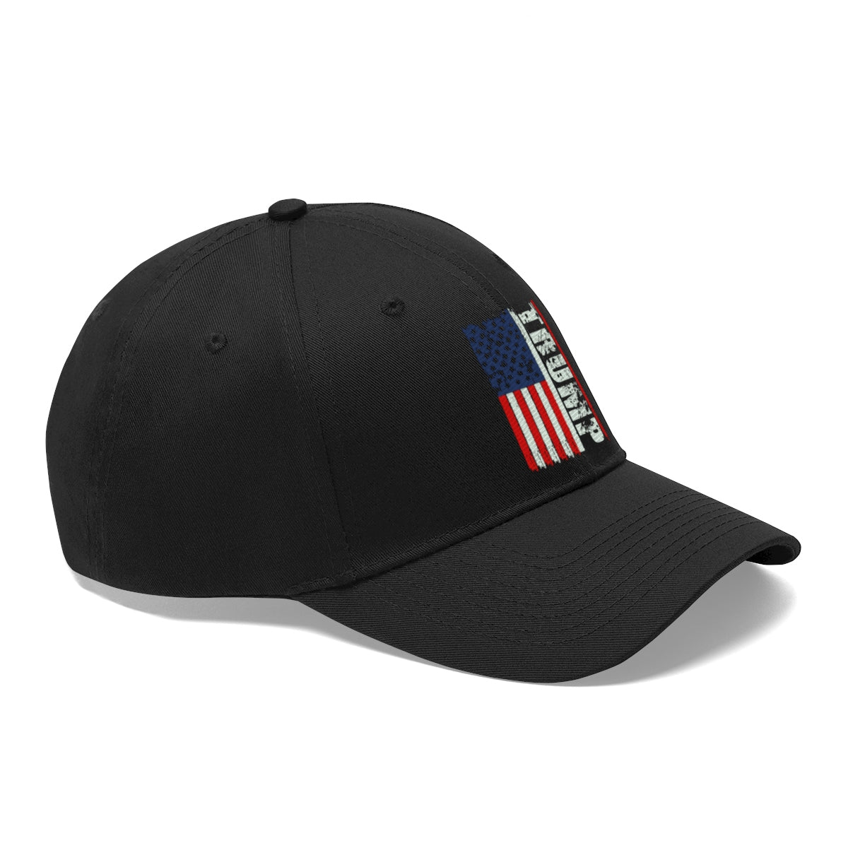 Trump On Verticle Distressed American Flag Twill Cap featuring a bold American flag design on a black dad hat.