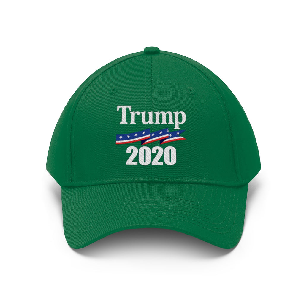 Patriotic 2020 Twill Cap for Trump in green with Trump 2020 text and patriotic design.