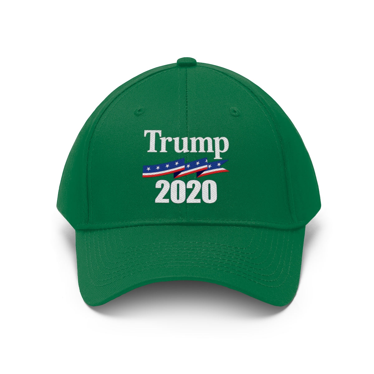 Patriotic 2020 Twill Cap for Trump in green with Trump 2020 text and patriotic design.