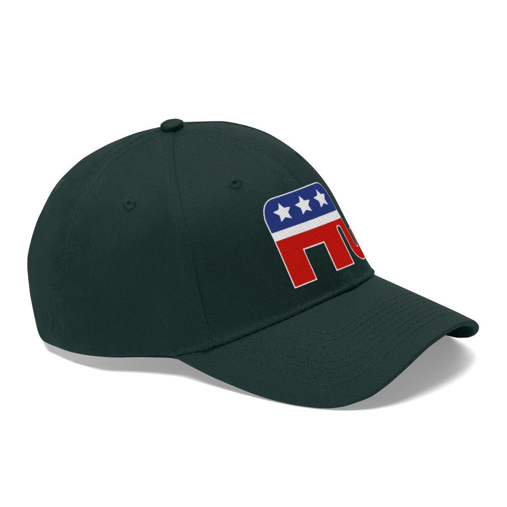 GOP Symbol Twill Cap Patriotic Political Graphic Cap featuring a bold GOP logo in red and blue on a dark cap.