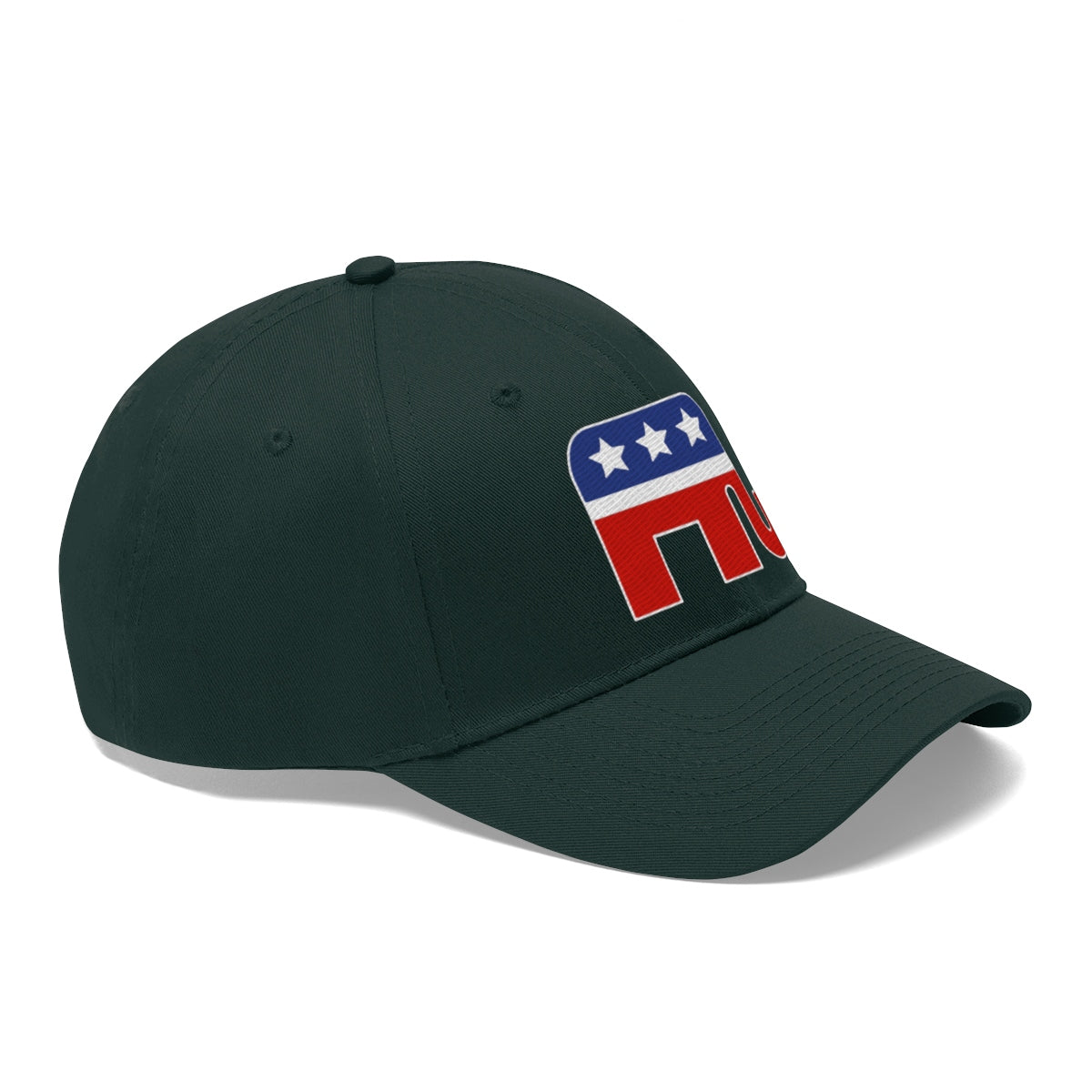 GOP Symbol Twill Cap Patriotic Political Graphic Cap featuring a bold GOP logo in red and blue on a dark cap.