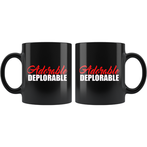 Adorable Deplorable Coffee Cup, black ceramic mug, premium ORCA coating, perfect for hot and cold beverages, dishwasher safe.