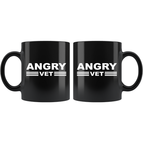 Angry Vet Respect The Service Mug in black ceramic with bold white text, perfect for patriots honoring veterans over coffee or tea.