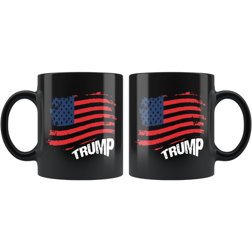 American Flag Patriotic Design Featuring Trump on black ceramic mug