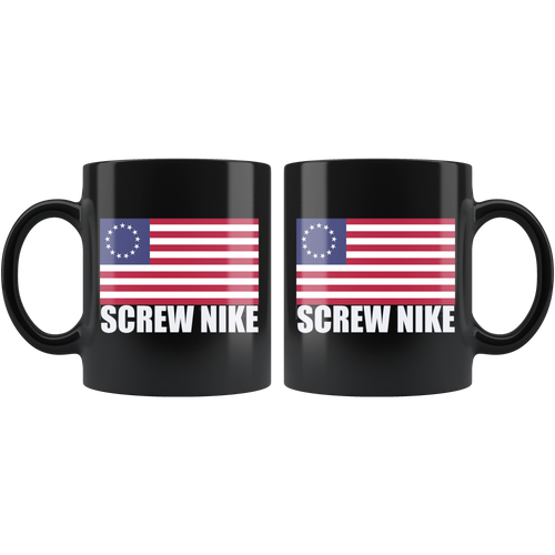 Black ceramic mug with Betsy Ross Flag Screw Nike Patriotic Design, high gloss finish, suitable for hot or cold beverages.