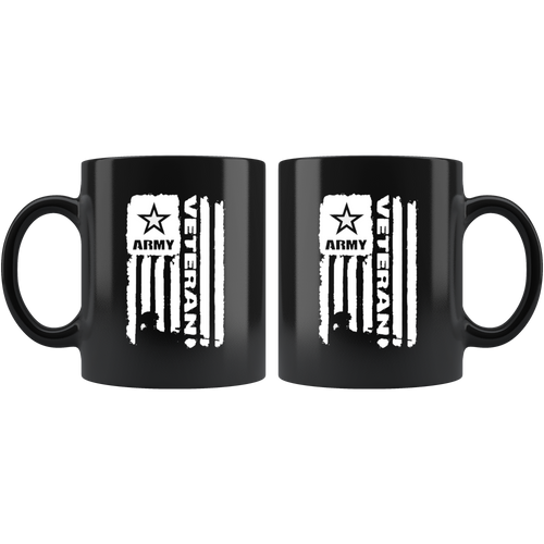 Army Veteran Flag With Soldier Silhouette black mug, premium ceramic with high gloss finish, perfect for hot and cold beverages.