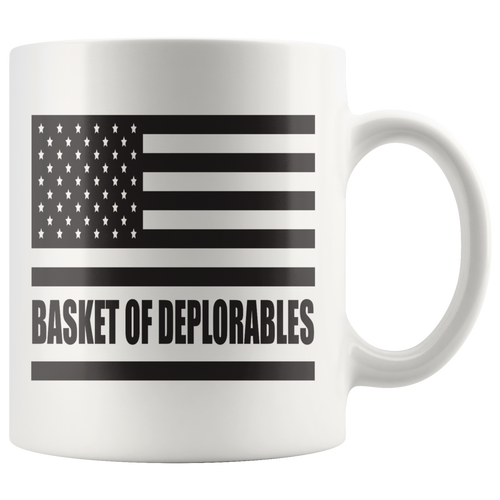 Basket of Deplorables Patriotic Graphic ceramic mug with American flag design, 11oz white mug, dishwasher and microwave safe.