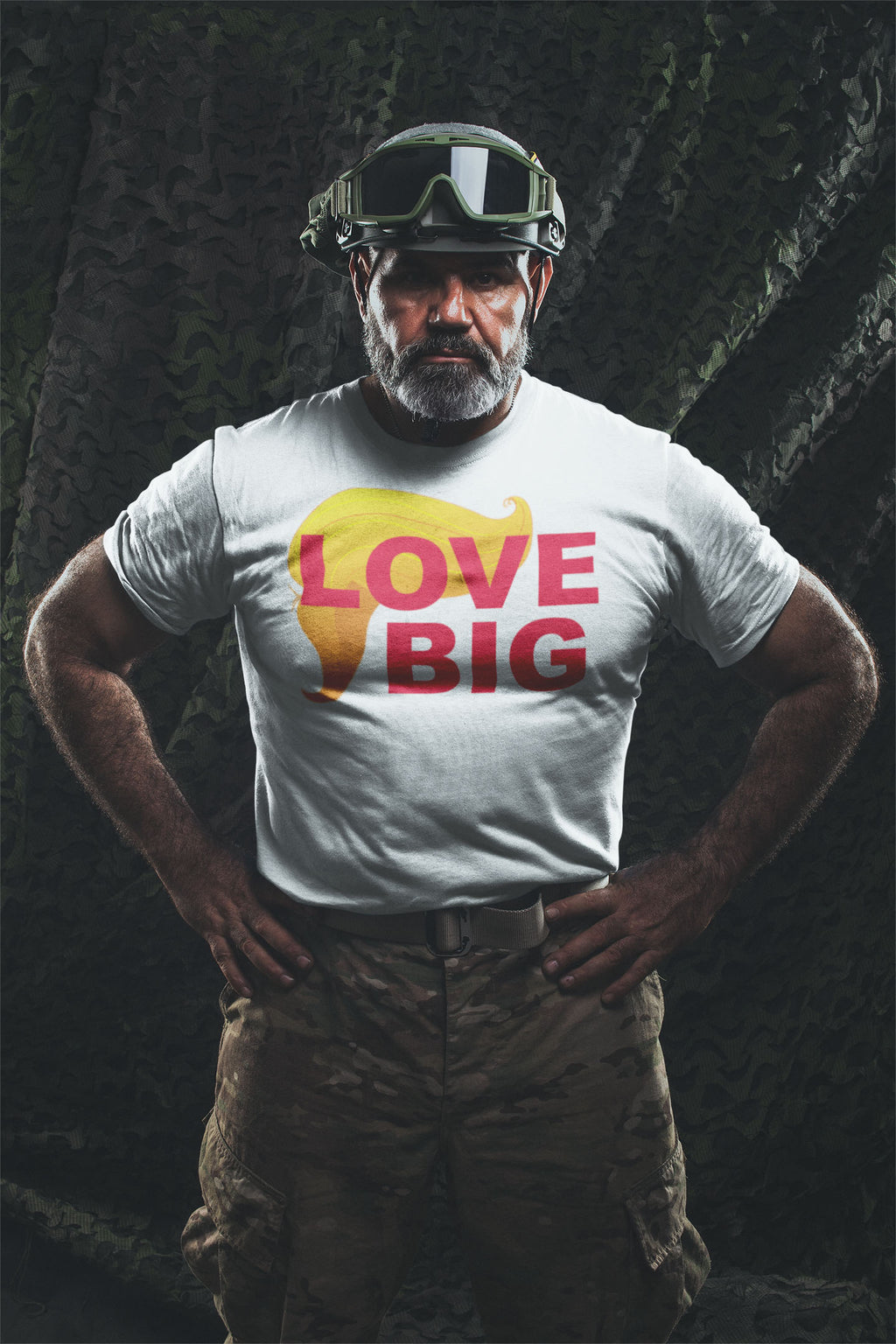 Man wearing Love Big With Trump Hair 2 Red shirt in a military outfit, showcasing bold style and political passion