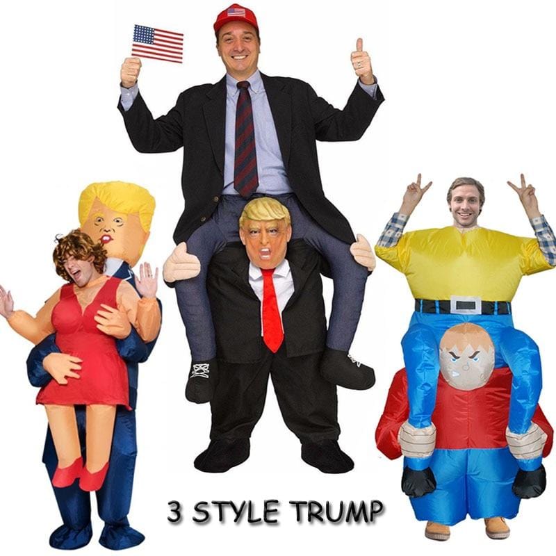 Donald Trump Ride On Me Costume Novelty Toys and Masks featuring inflatable costumes in various styles.