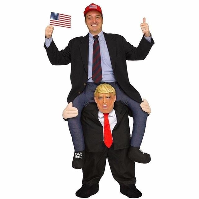 Donald Trump Ride On Me Costume Novelty Toys and Masks featuring a man in a Trump costume.