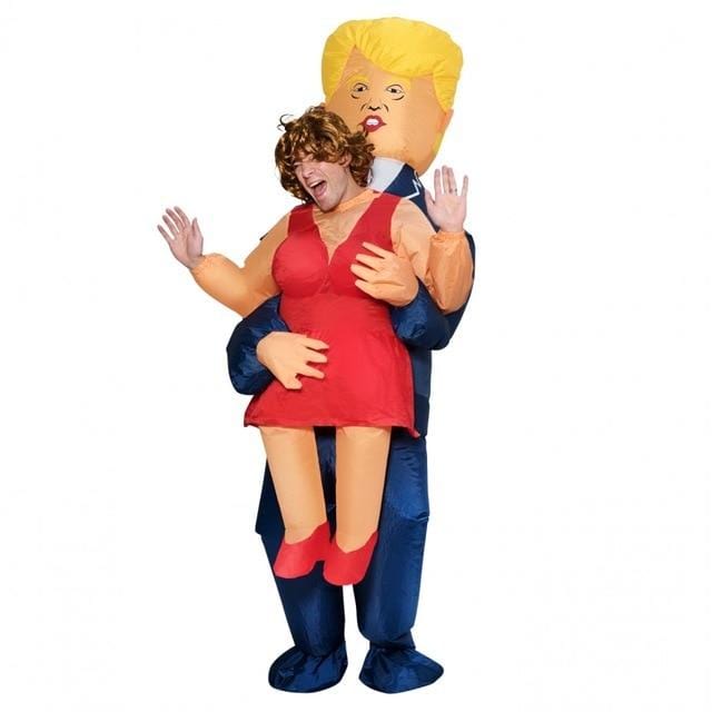Donald Trump Ride On Me Costume Novelty Toys and Masks featuring inflatable outfit with a humorous design.