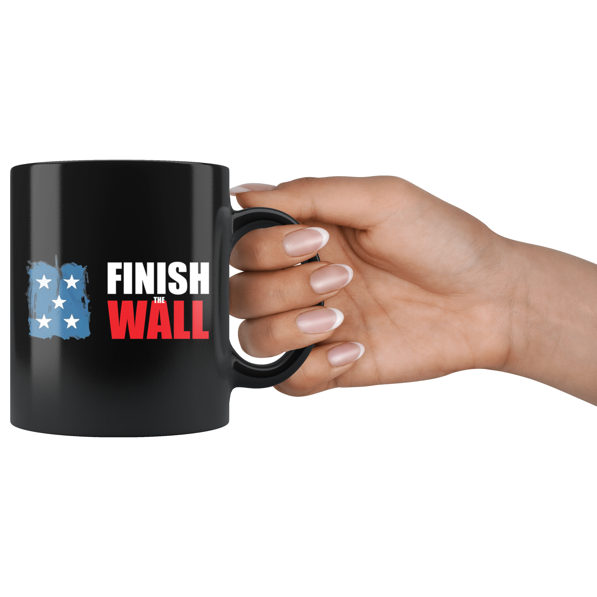 Finish The Wall Ceramic Coffee Mug held in a hand, high quality 11oz black ceramic with vibrant design, dishwasher and microwave safe