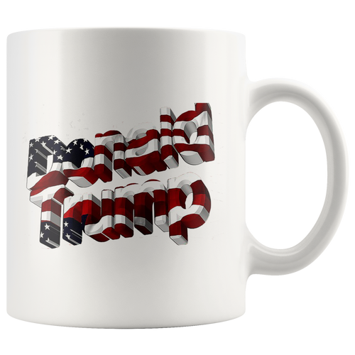 11oz ceramic mug with American Flag Featuring Donald Trump Design, high gloss finish, dishwasher and microwave safe.