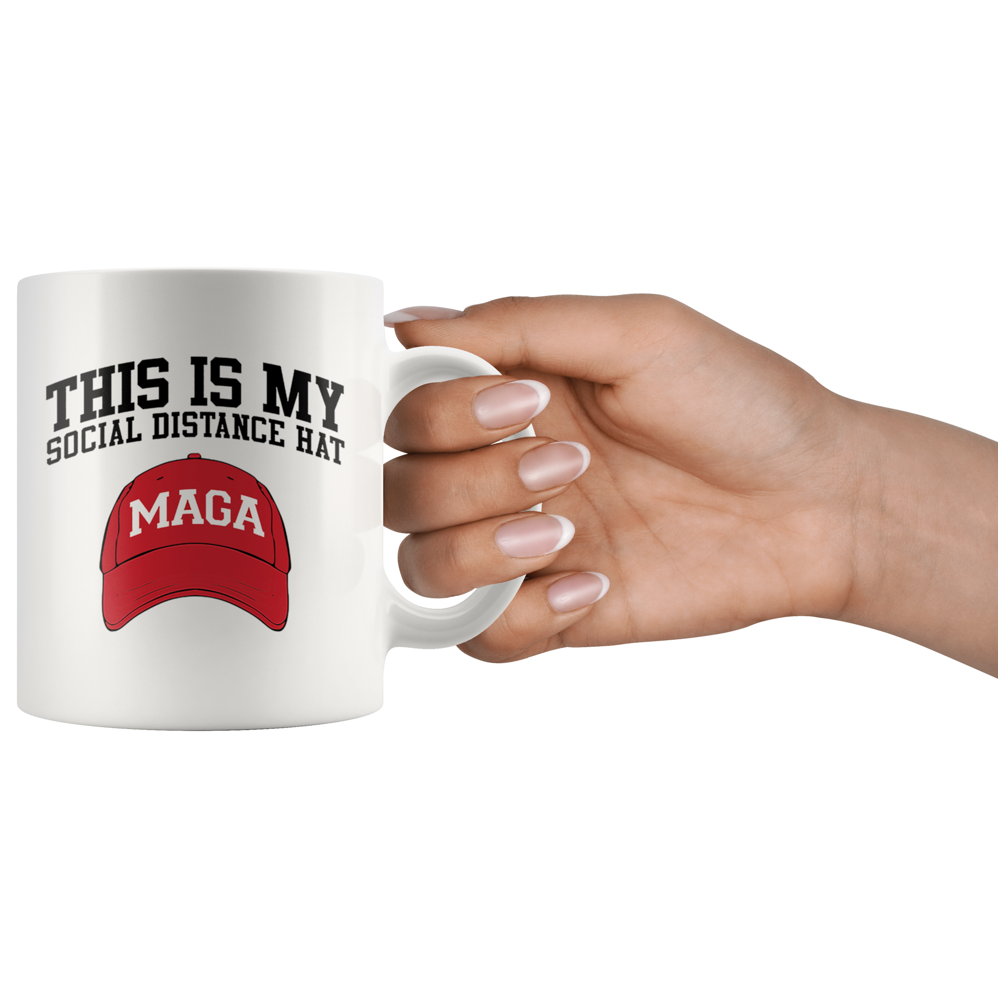 Hand holding a mug with 'This Is My Social Distance Hat MAGA' design featuring a red MAGA hat graphic