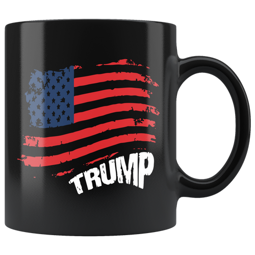 Black ceramic mug with American Flag Patriotic Design Featuring Trump, high gloss finish, suitable for hot and cold beverages.