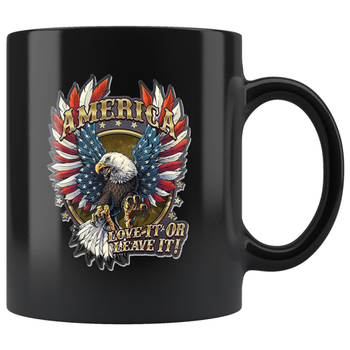 America Love It Or Leave It Patriotic Design ceramic black mug with eagle and flag graphic