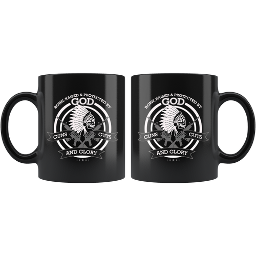 Born and Raised Protected by God Patriotic Design black ceramic mug with tribal eagle emblem, perfect for hot and cold beverages.