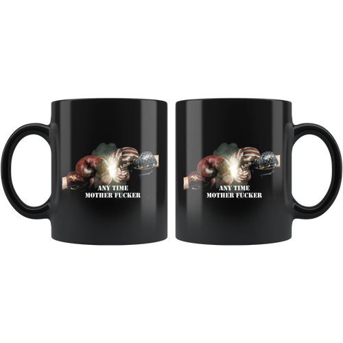 "Any Time Mother Fucker American Soviet Gloves" black ceramic mug with glossy finish, perfect for hot and cold beverages.